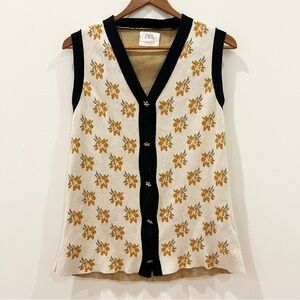 Zara Top Girls 9 10 Beige Black Floral Sleeveless Gold Buttons Retro Knit Cotton